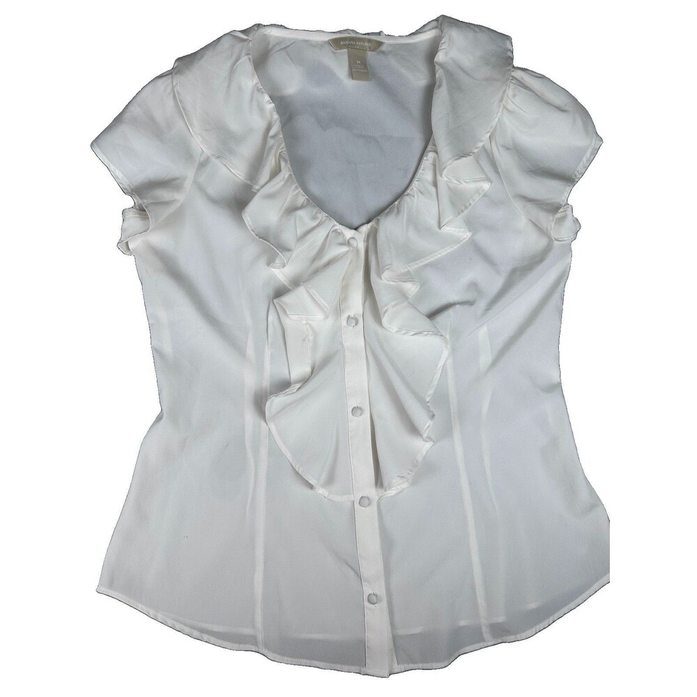Banana Republc Cream button front V-neck ruffled fit blouse flutter sleeve Sz M